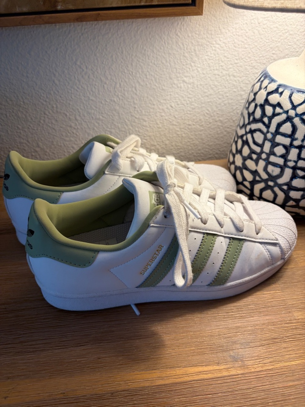 adidas White and Sage Green Superstar Sneakers